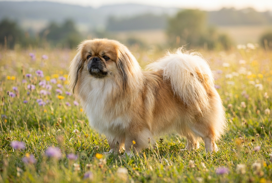 Adult Pekingese with long flowing thick gold-and-white double coat with lion-like mane and flat brachycephalic face, professional pet photograph