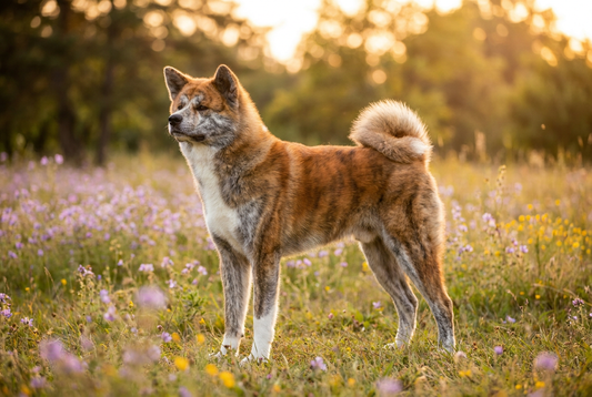 Adult Akita with thick double coat in red, white, brindle, or pinto with a curled tail, professional pet photograph