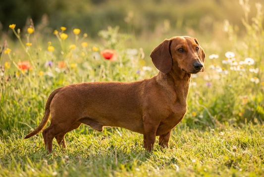Adult Dachshund with short smooth rich red coat, long body and short legs, professional pet photograph
