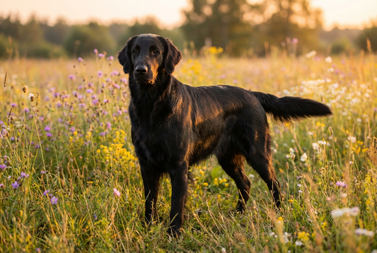 Adult Flat-Coated Retriever with flat dense glossy black coat with light feathering, professional pet photograph