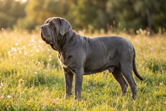 Adult Neapolitan Mastiff with short dense blue-gray coat with abundance of loose wrinkled skin, professional pet photograph