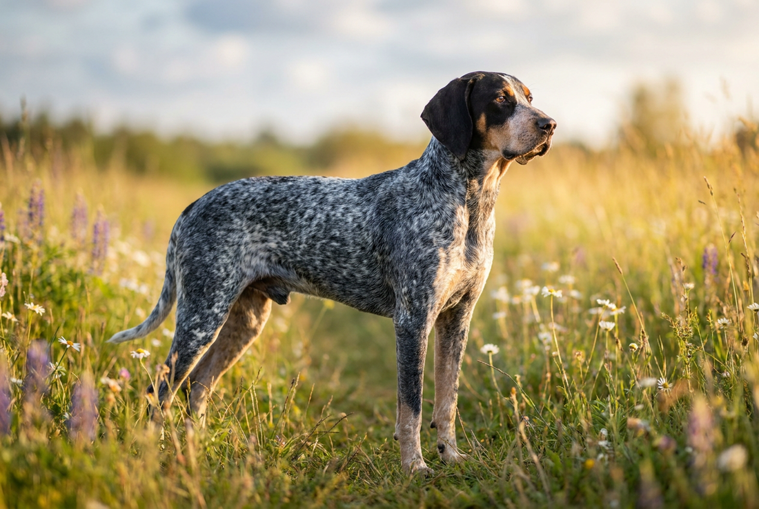 Adult Bluetick Coonhound with short blue-mottled (steel-blue ticking on white) coat, professional pet photograph
