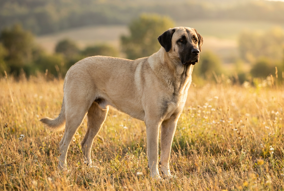 Adult Anatolian Shepherd Dog with short fawn coat with a black mask, large athletic frame, professional pet photograph