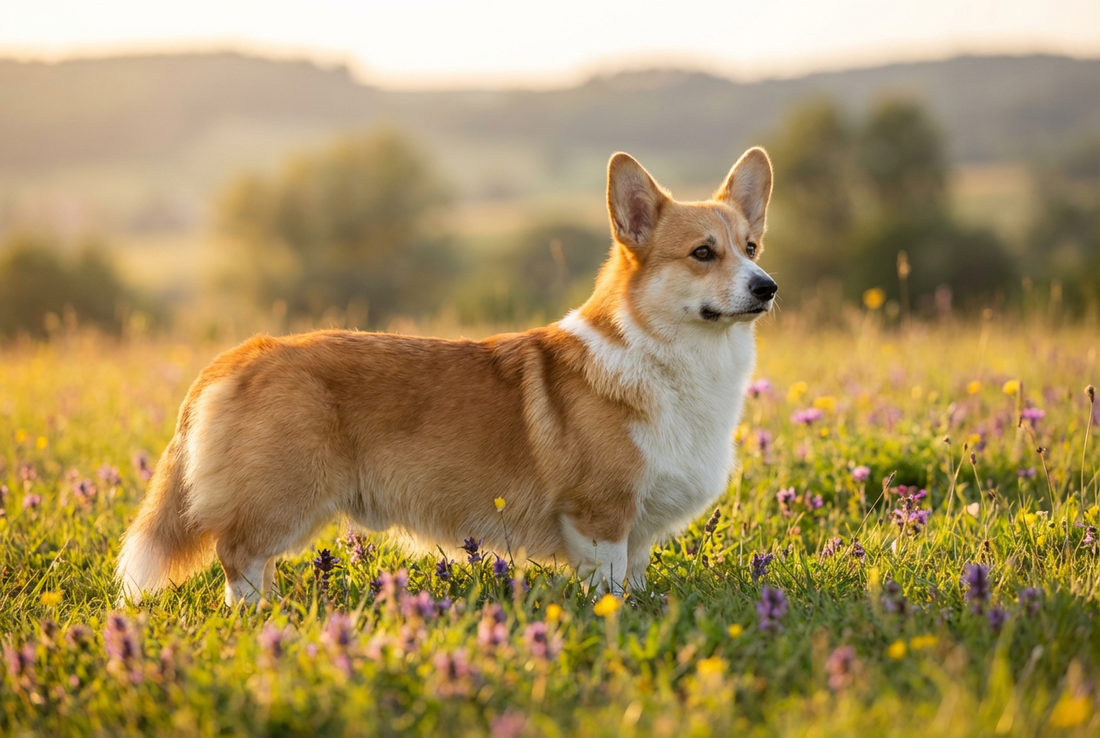 Adult Pembroke Welsh Corgi with medium-length red-and-white double coat, long-bodied with very short legs, professional pet photograph