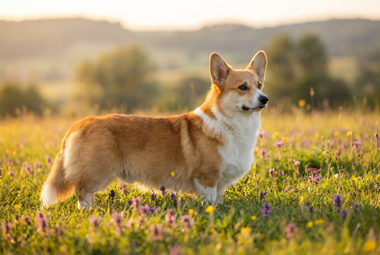 Adult Pembroke Welsh Corgi with medium-length red-and-white double coat, long-bodied with very short legs, professional pet photograph