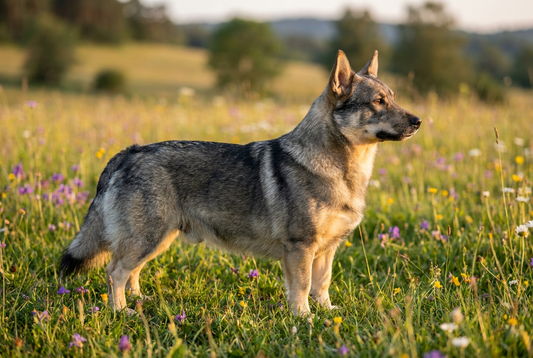 Adult Swedish Vallhund with short gray-and-tan double coat, low-bodied corgi-like Spitz frame, professional pet photograph