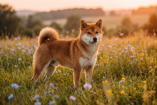 Adult Shiba Inu with thick red double coat with urajiro (white markings on cheeks/chest), curled tail, professional pet photograph