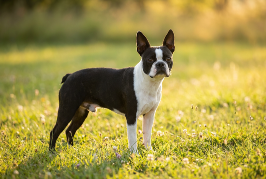 Adult Boston Terrier with short smooth tuxedo (black-and-white) coat with bat ears, professional pet photograph