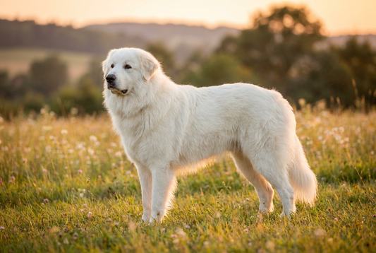 Adult Great Pyrenees with long thick weather-resistant white double coat, professional pet photograph