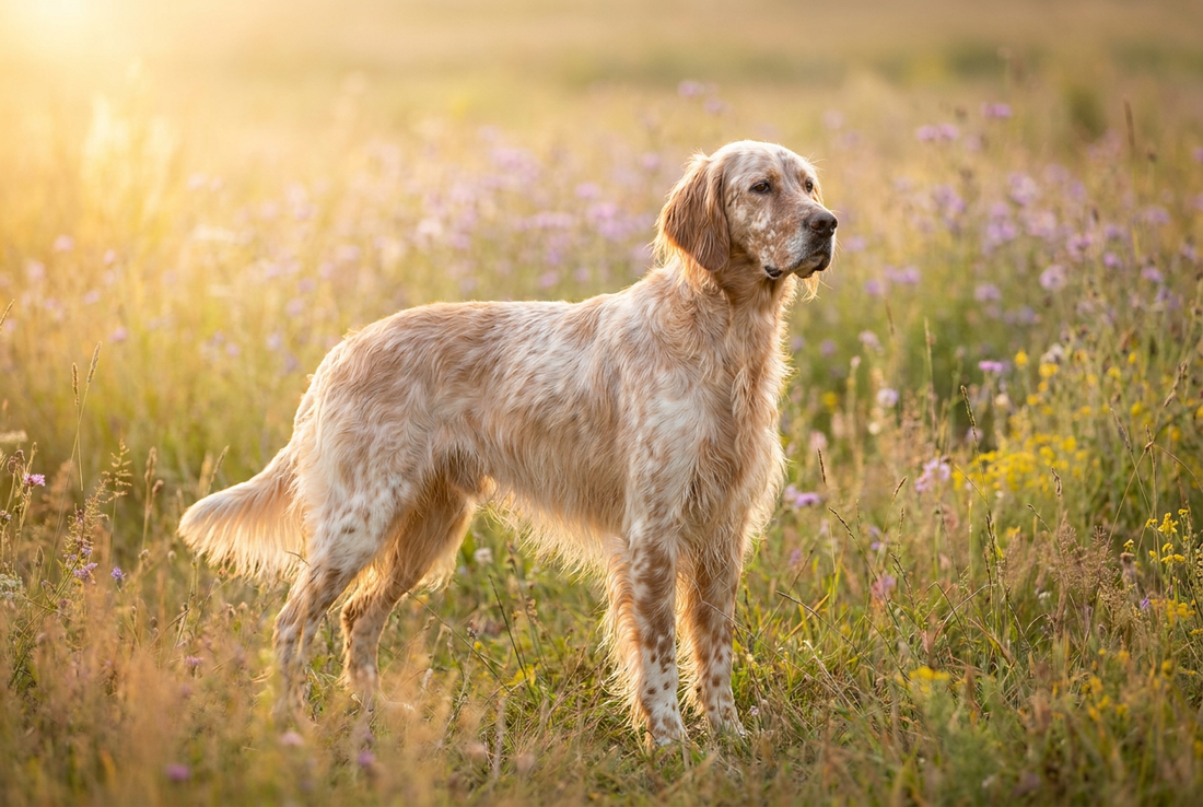 Adult English Setter with long silky orange-belton (white with orange ticking) coat with feathering, professional pet photograph