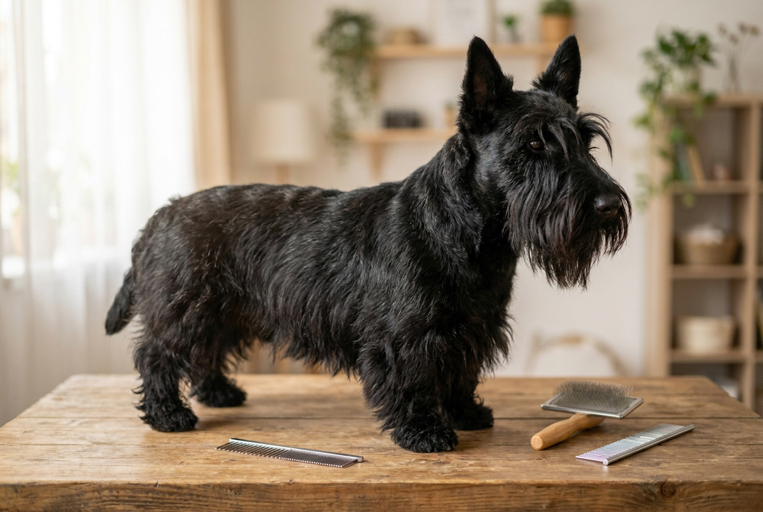 Scottish Terrier being groomed, showing the harsh wiry black coat with characteristic beard and eyebrows, short legs texture