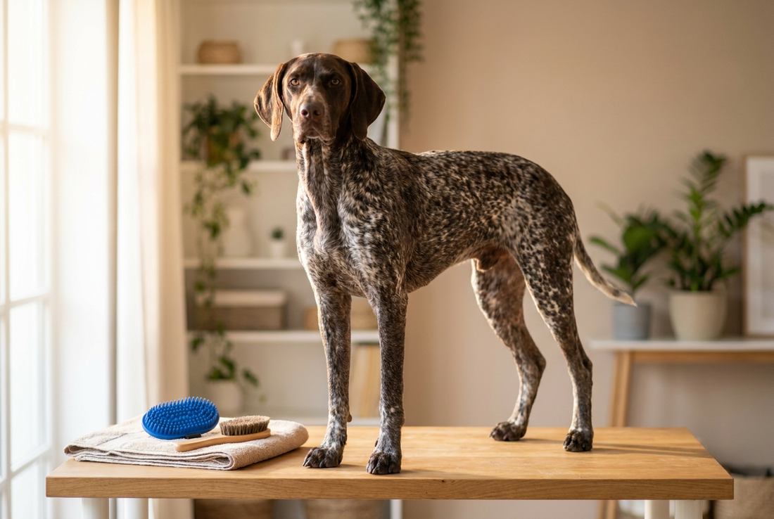 German Shorthaired Pointer being groomed, showing the short dense liver-roan coat (liver and white ticking) texture