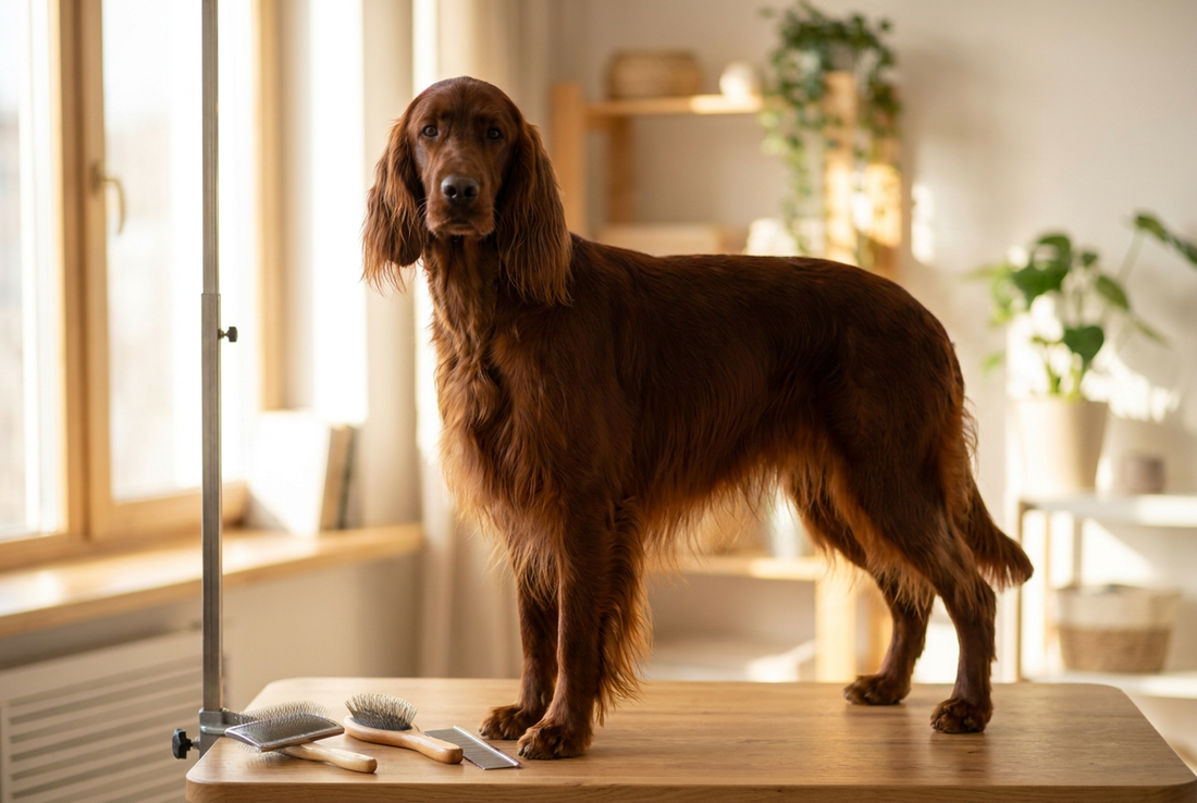 Irish Setter being groomed, showing the rich mahogany long silky coat with flowing feathering texture