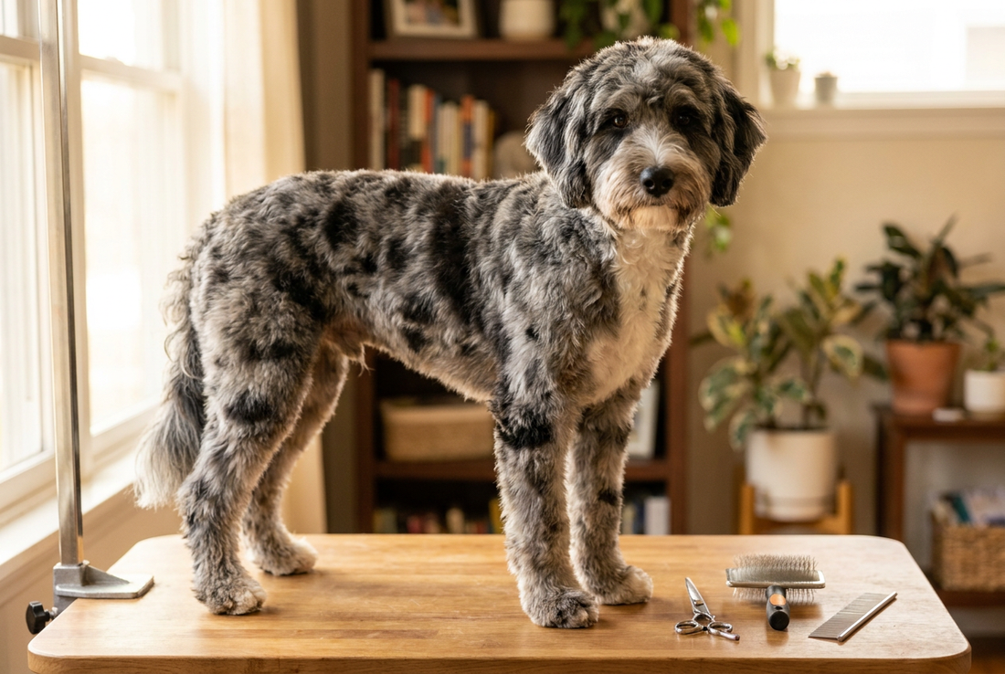 Aussiedoodle being groomed, showing the wavy or curly blue merle coat (mottled gray-blue with black patches) with white markings on the chest and face texture