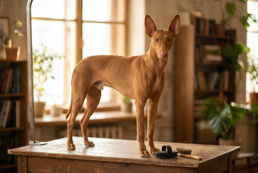 Pharaoh Hound being groomed, showing the short fine rich tan coat with large erect ears and amber eyes texture