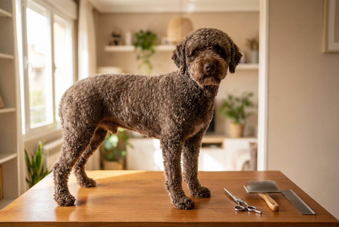 Spanish Water Dog being groomed, showing the dense corded or curled brown coat (often clipped uniformly) texture