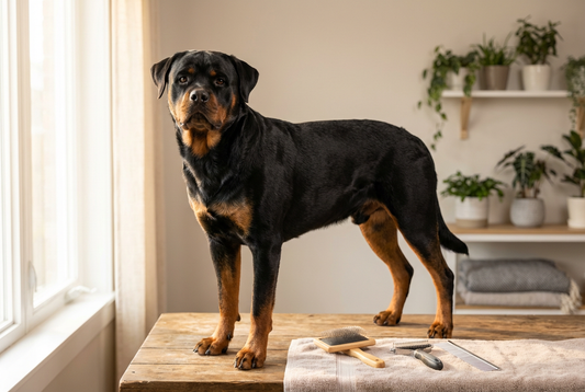 Rottweiler being groomed, showing the short dense black-and-mahogany double coat, large heavily-built frame texture