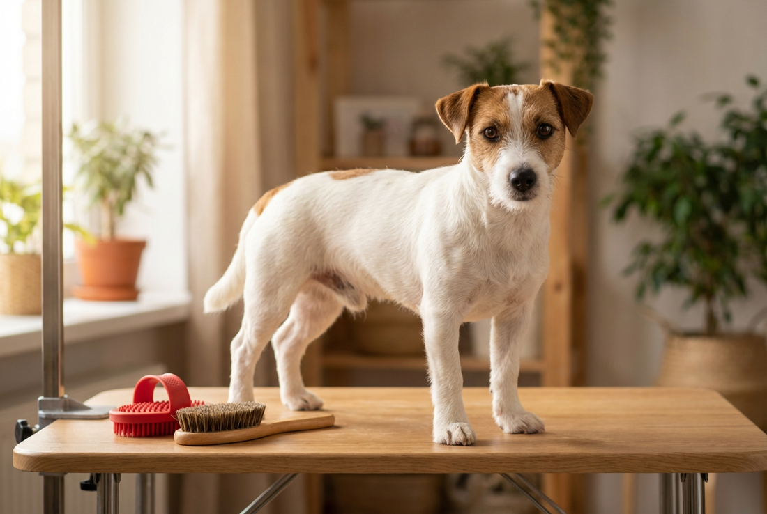 Russell Terrier being groomed, showing the short white-with-tan coat (Jack Russell type, athletic compact frame) texture