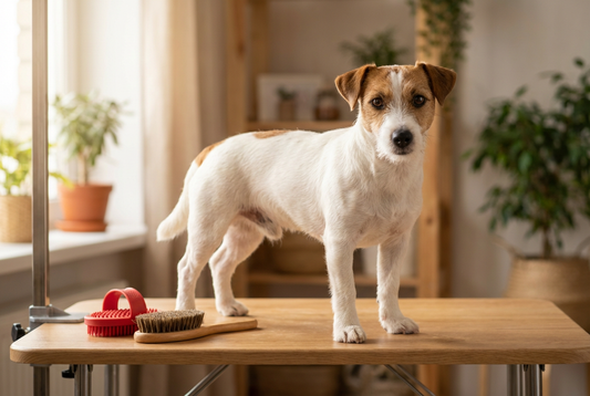 Russell Terrier being groomed, showing the short white-with-tan coat (Jack Russell type, athletic compact frame) texture
