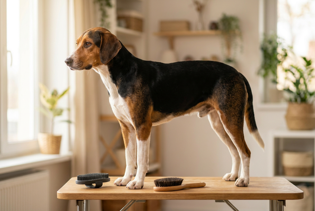 Harrier being groomed, showing the short dense tricolor (black, tan, white) hound coat texture