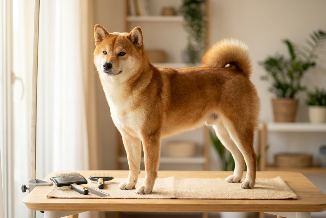 Shiba Inu being groomed, showing the thick red double coat with urajiro (white markings on cheeks/chest), curled tail texture