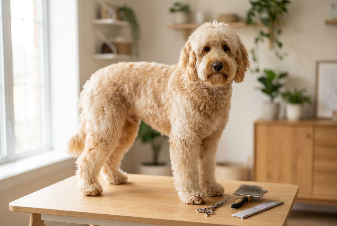 Goldendoodle being groomed, showing the wavy or curly cream-and-apricot coat with a soft teddy-bear face texture