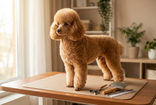 Miniature Poodle being groomed, showing the dense apricot curly coat in a refined elegant cut texture