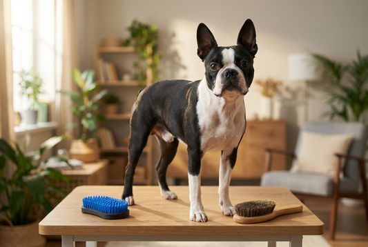 Boston Terrier being groomed, showing the short smooth tuxedo (black-and-white) coat with bat ears texture