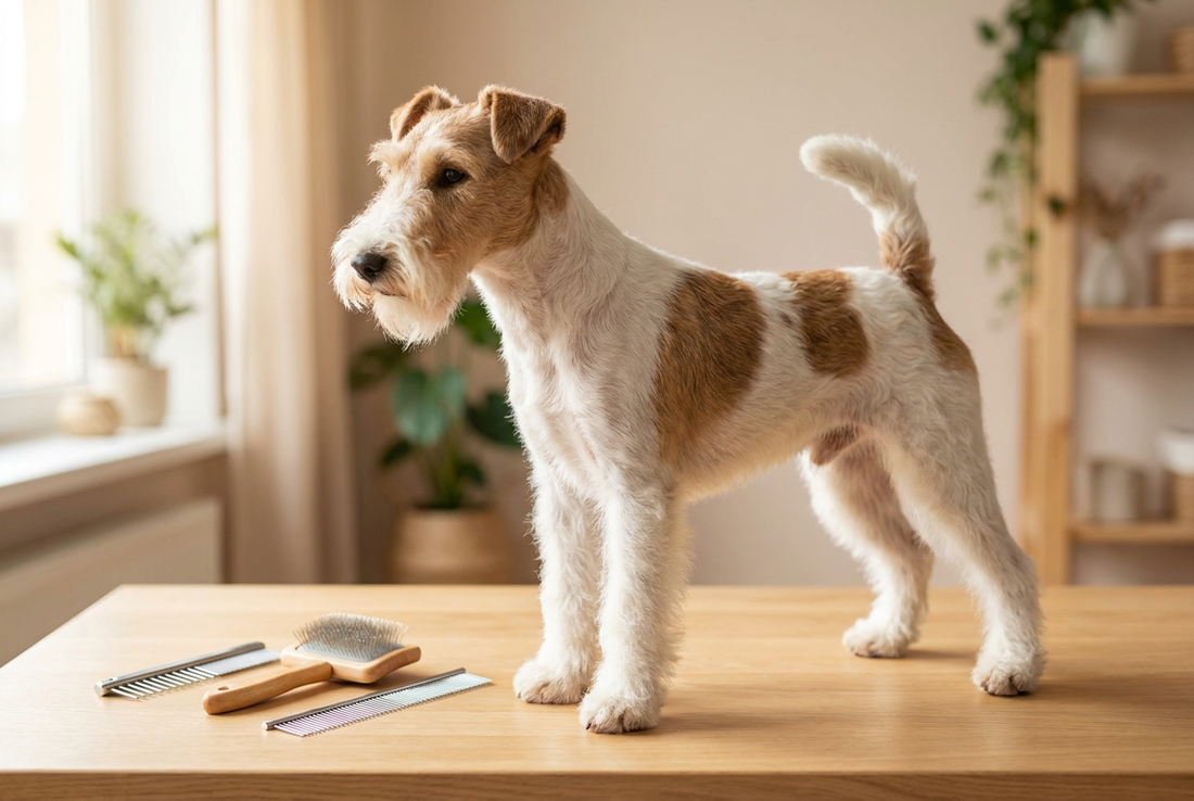 Wire Fox Terrier being groomed, showing the harsh wiry white-with-tan-markings coat with prominent beard and eyebrows texture