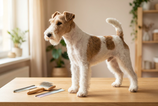 Wire Fox Terrier being groomed, showing the harsh wiry white-with-tan-markings coat with prominent beard and eyebrows texture