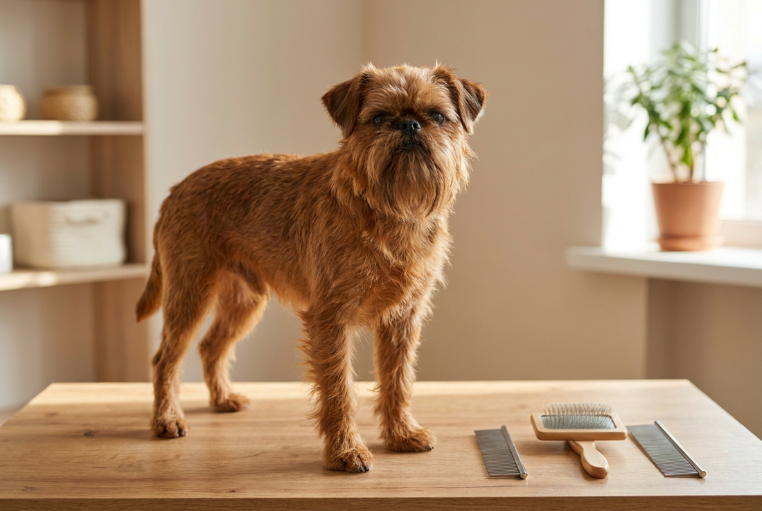 Brussels Griffon being groomed, showing the rough wiry red coat with full beard and pushed-in monkey-like face texture