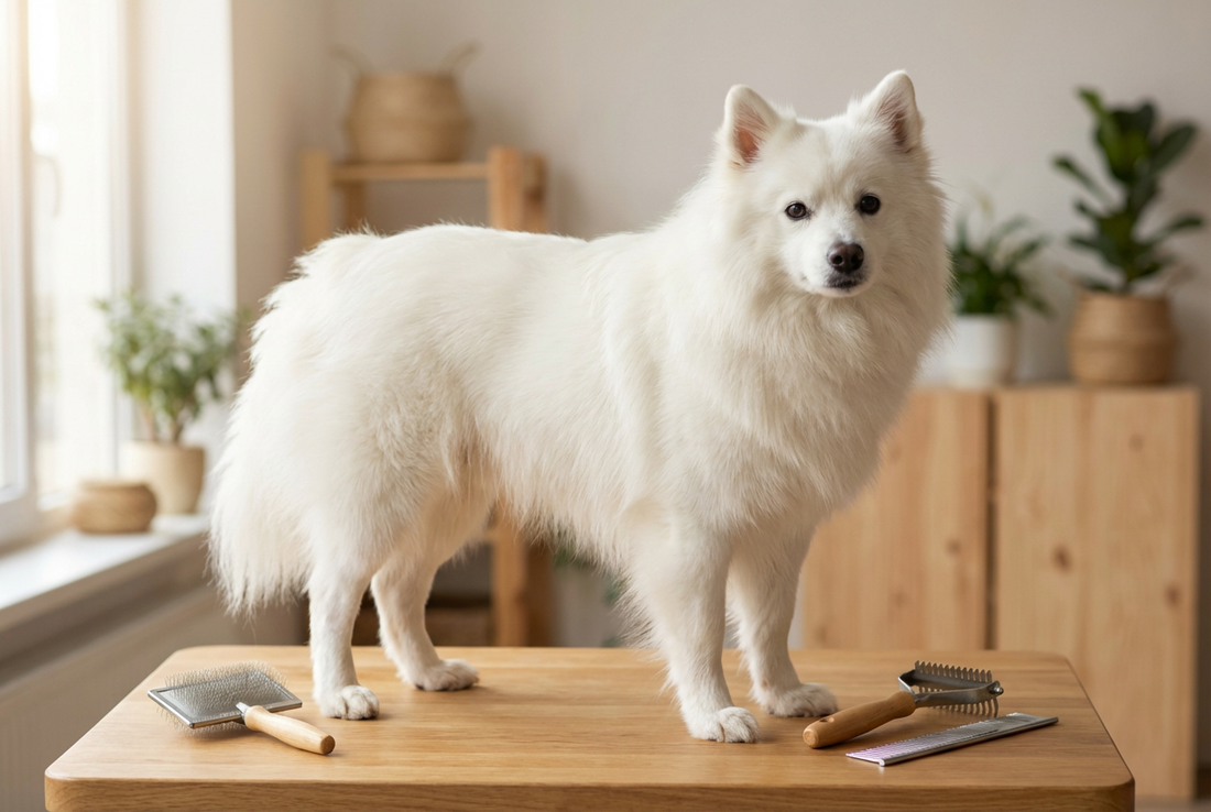 American Eskimo Dog being groomed, showing the thick pure white double coat with a fluffy ruff texture