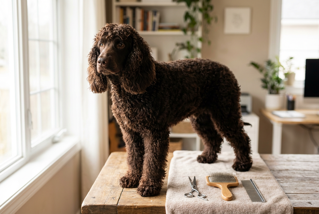 Irish Water Spaniel being groomed, showing the dense crisp tight liver-colored curls covering the body texture