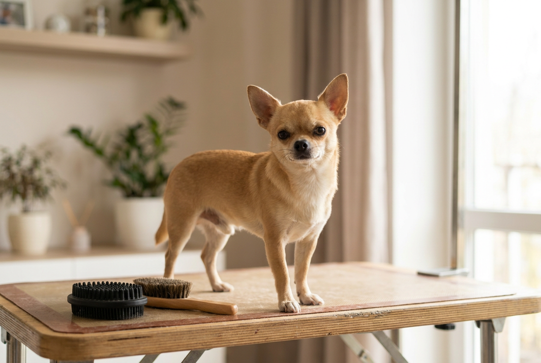 Chihuahua being groomed, showing the short smooth fawn coat with apple-dome head and large erect ears texture