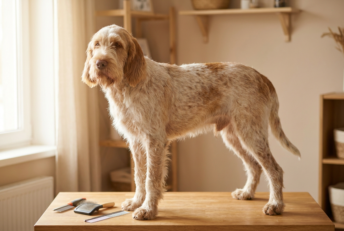Spinone Italiano being groomed, showing the harsh wiry white-and-orange coat with shaggy beard and eyebrows, large frame texture