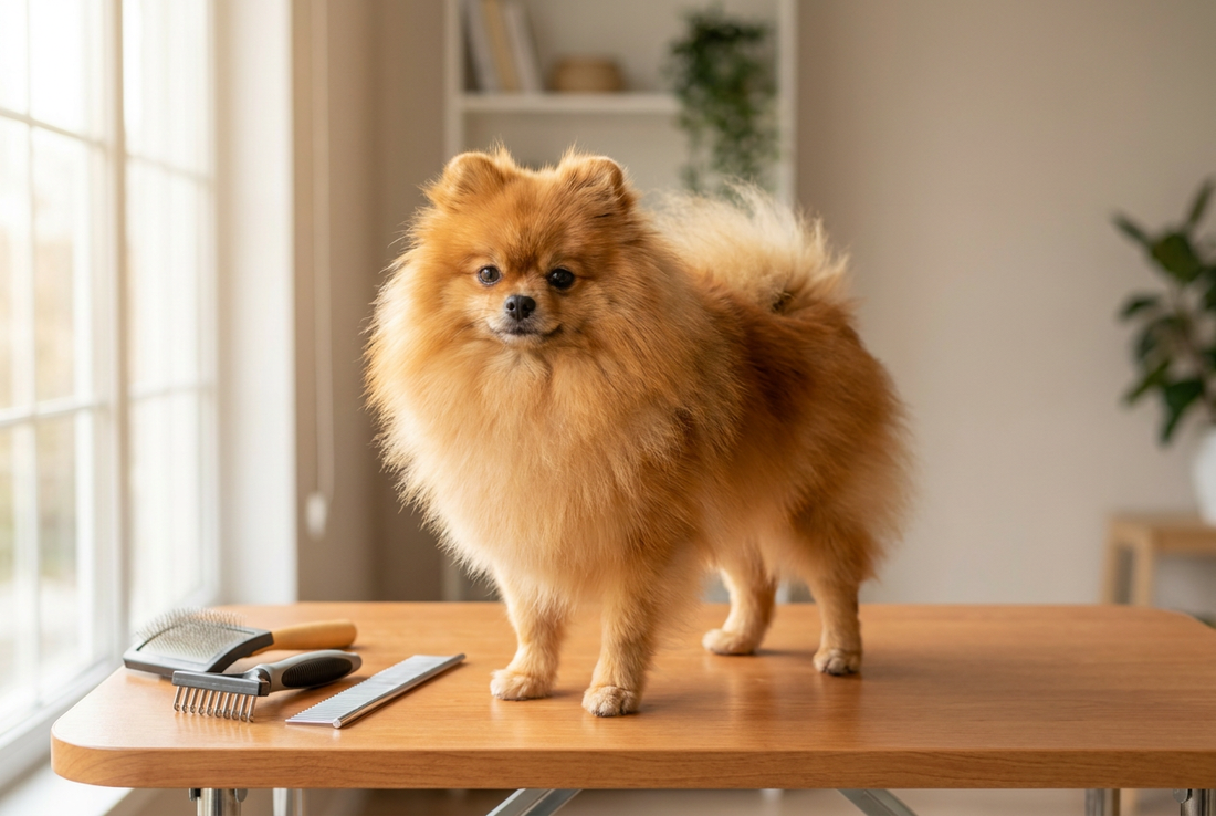 Pomeranian being groomed, showing the soft dense orange double coat fanning out into a fox-like ruff texture