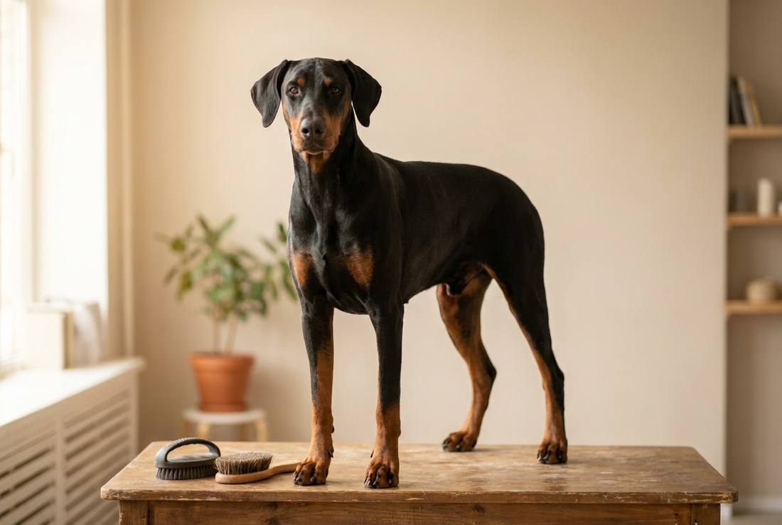 Doberman Pinscher being groomed, showing the short sleek black-and-rust coat, athletic muscular frame texture