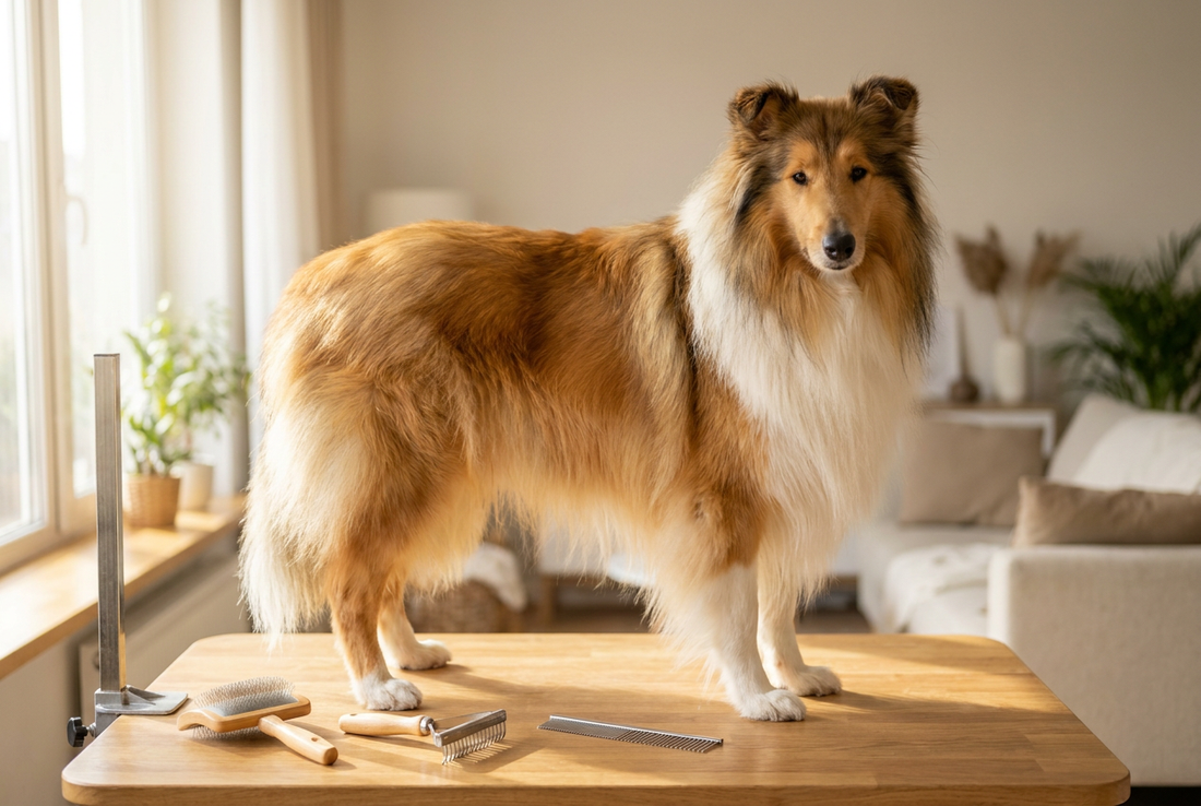 Collie (Rough Collie) being groomed, showing the long sable-and-white flowing double coat with a wedge head texture