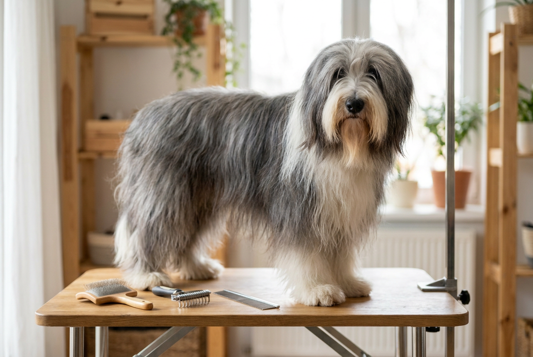 Bearded Collie being groomed, showing the long shaggy gray-and-white double coat with a full beard texture