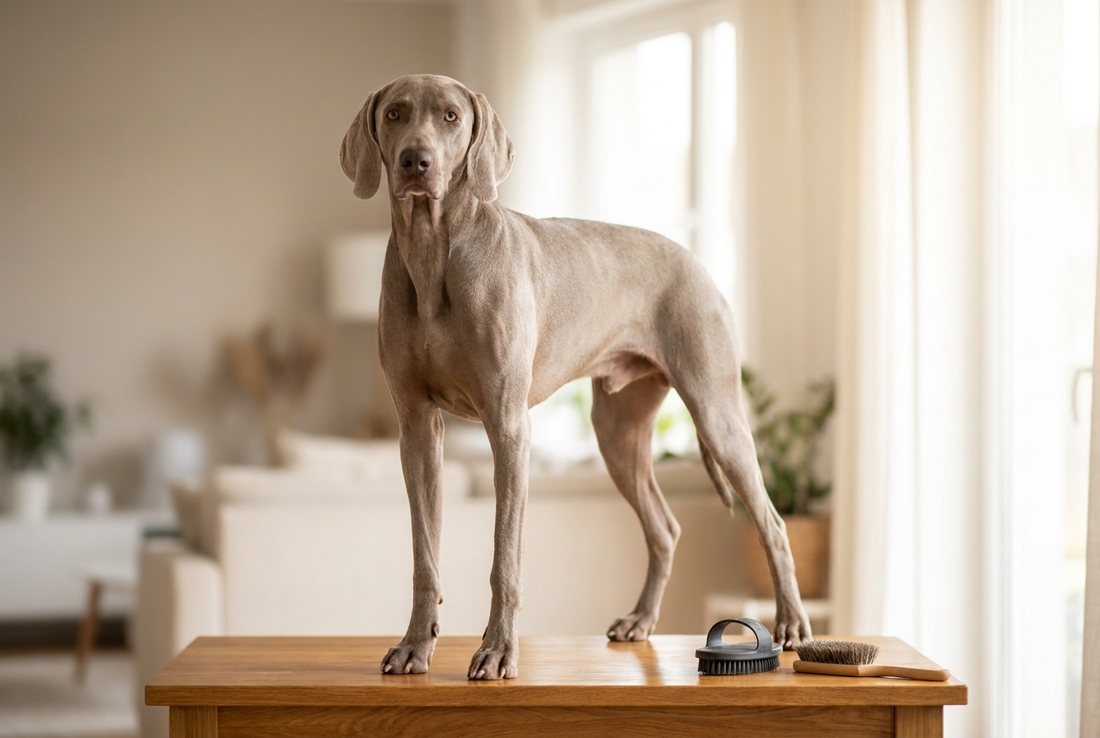 Weimaraner being groomed, showing the short sleek silver-gray coat, tall lean elegant frame texture