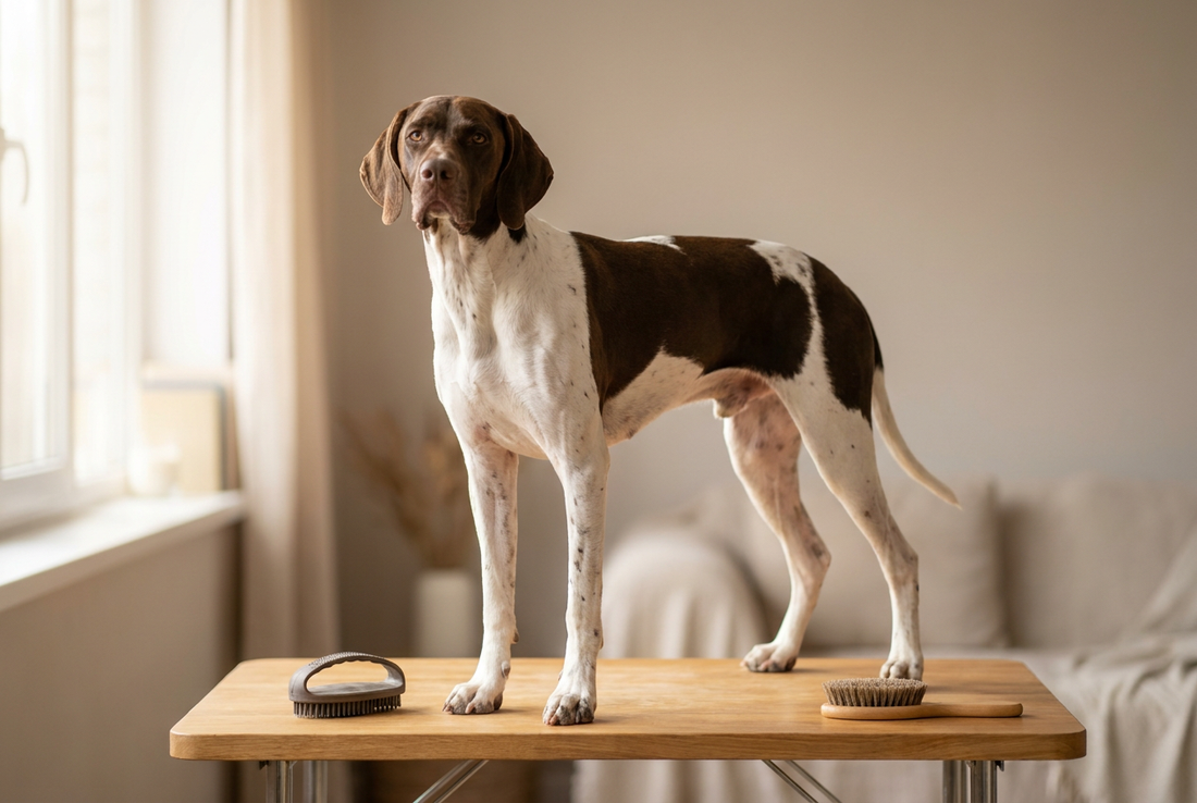 Pointer being groomed, showing the short smooth liver-and-white coat, lean athletic frame texture