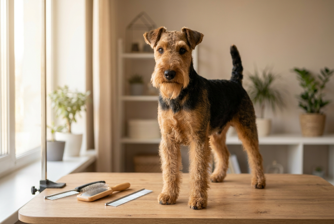 Welsh Terrier being groomed, showing the harsh wiry black-and-tan coat with beard and eyebrows texture