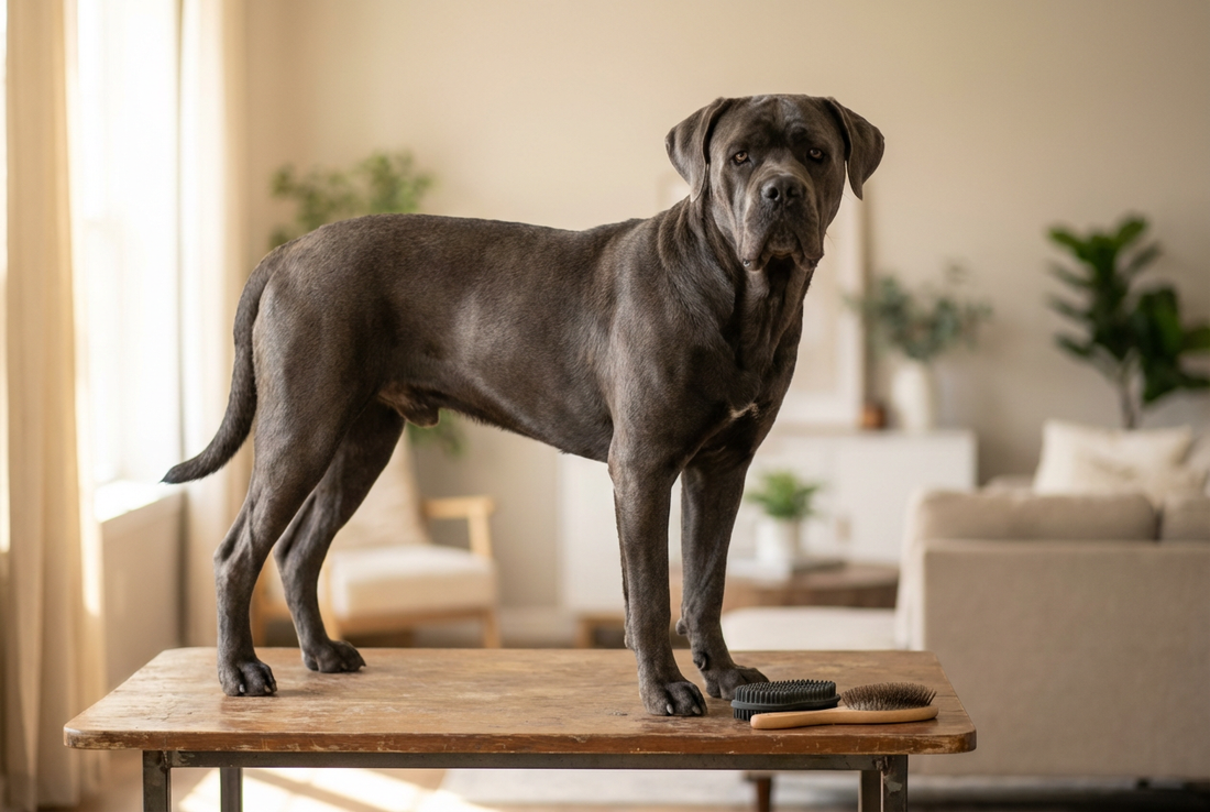 Cane Corso being groomed, showing the short stiff black or gray double coat, large muscular frame texture