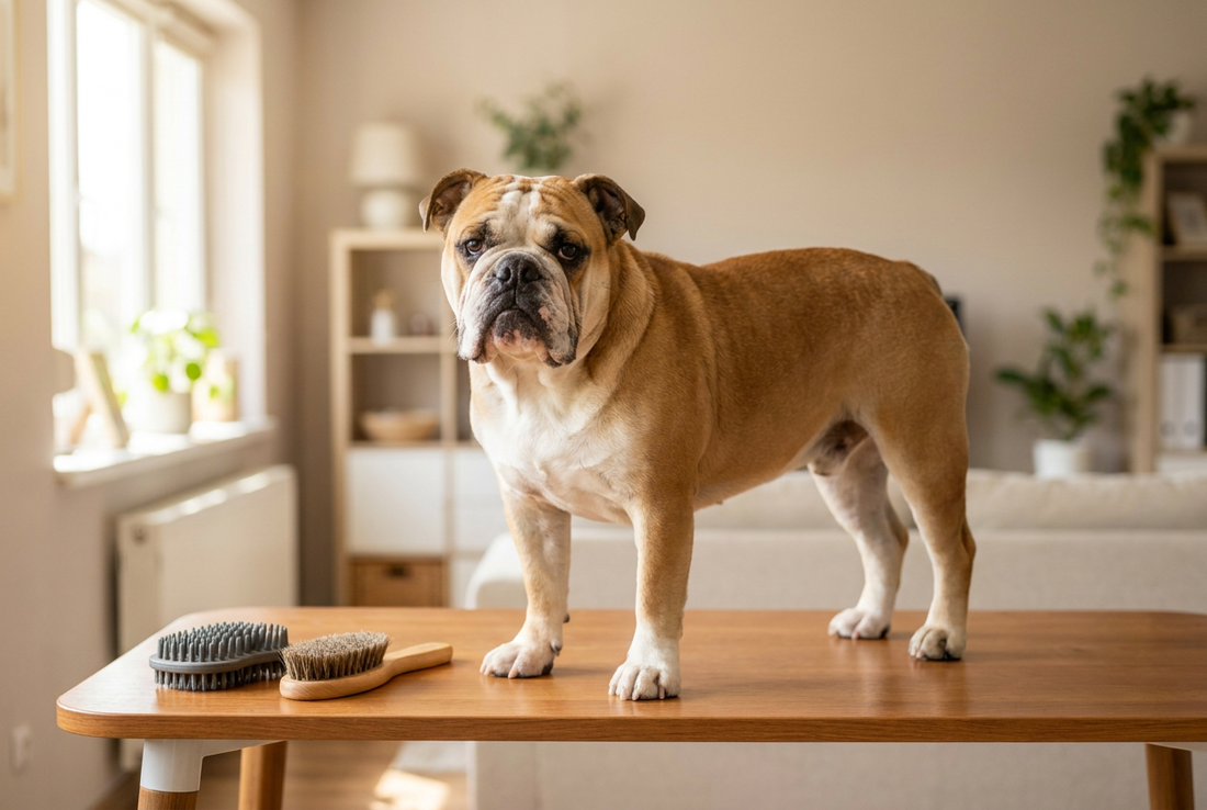 Bulldog being groomed, showing the short fawn-and-white coat, broad wrinkled head, stocky low frame texture