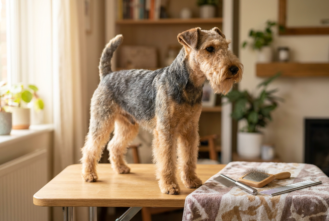 Lakeland Terrier being groomed, showing the harsh wiry blue-and-tan coat with beard and eyebrows texture