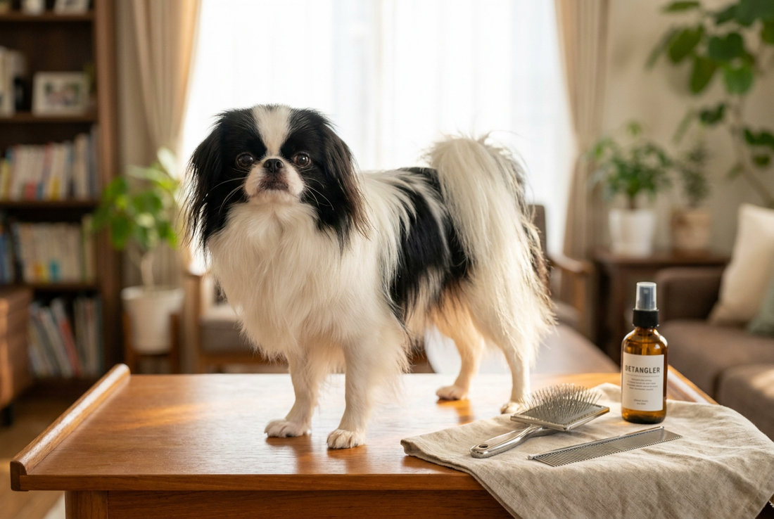 Japanese Chin being groomed, showing the long silky black-and-white coat with flat brachycephalic face texture