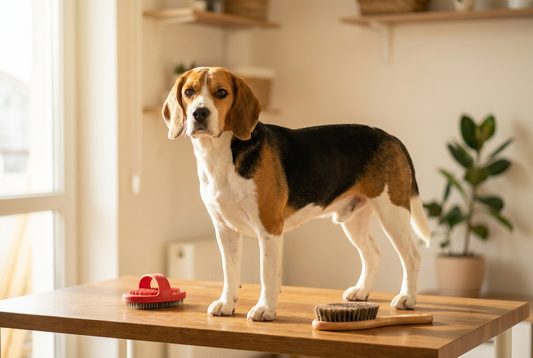 Beagle being groomed, showing the short tricolor (black, white, tan) coat texture