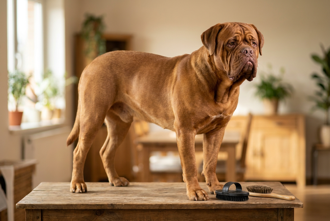 Dogue de Bordeaux being groomed, showing the short fawn coat with the largest head proportionally of any breed, deep wrinkles texture