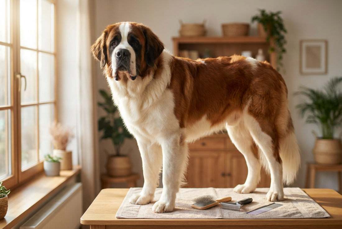 Saint Bernard being groomed, showing the long red-and-white coat with broad flat head and deep jowls texture