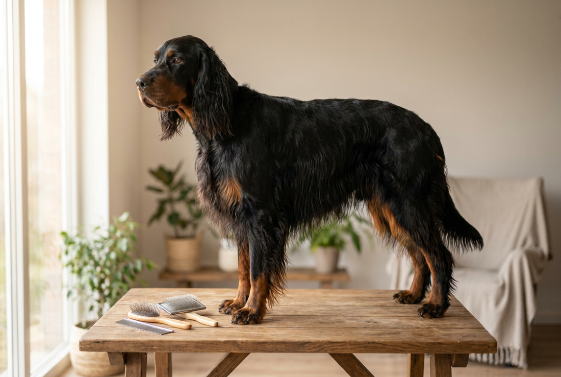 Gordon Setter being groomed, showing the long silky black-and-tan coat with feathering, substantial muscular build texture